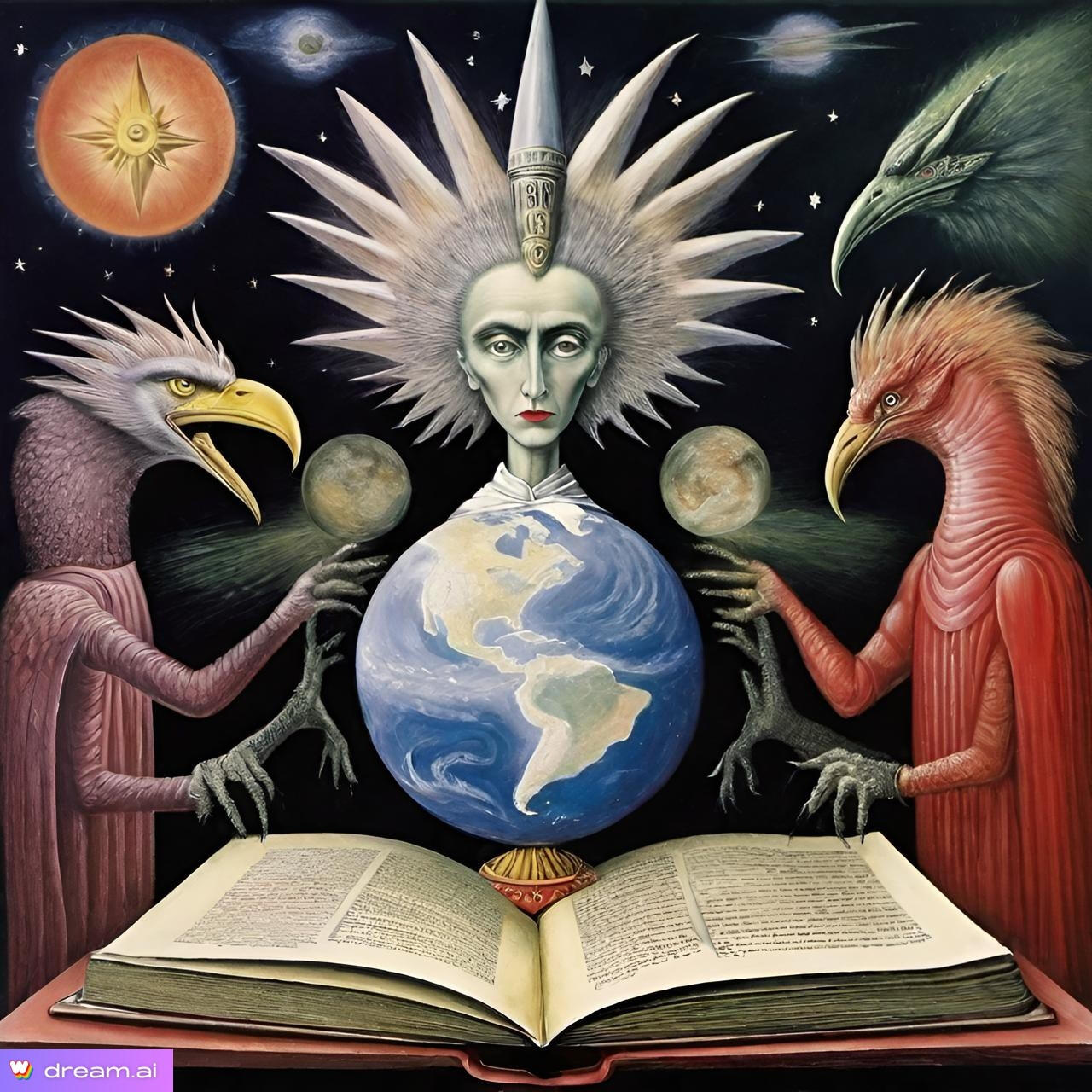 A surreal painting of a gender-fluid figure illuminated at the center, holding the Earth within a glowing sphere while surrounded by mythic bird allies and an open book, symbolizing emotional balance, truth calibration, and perception analysis. The artwork