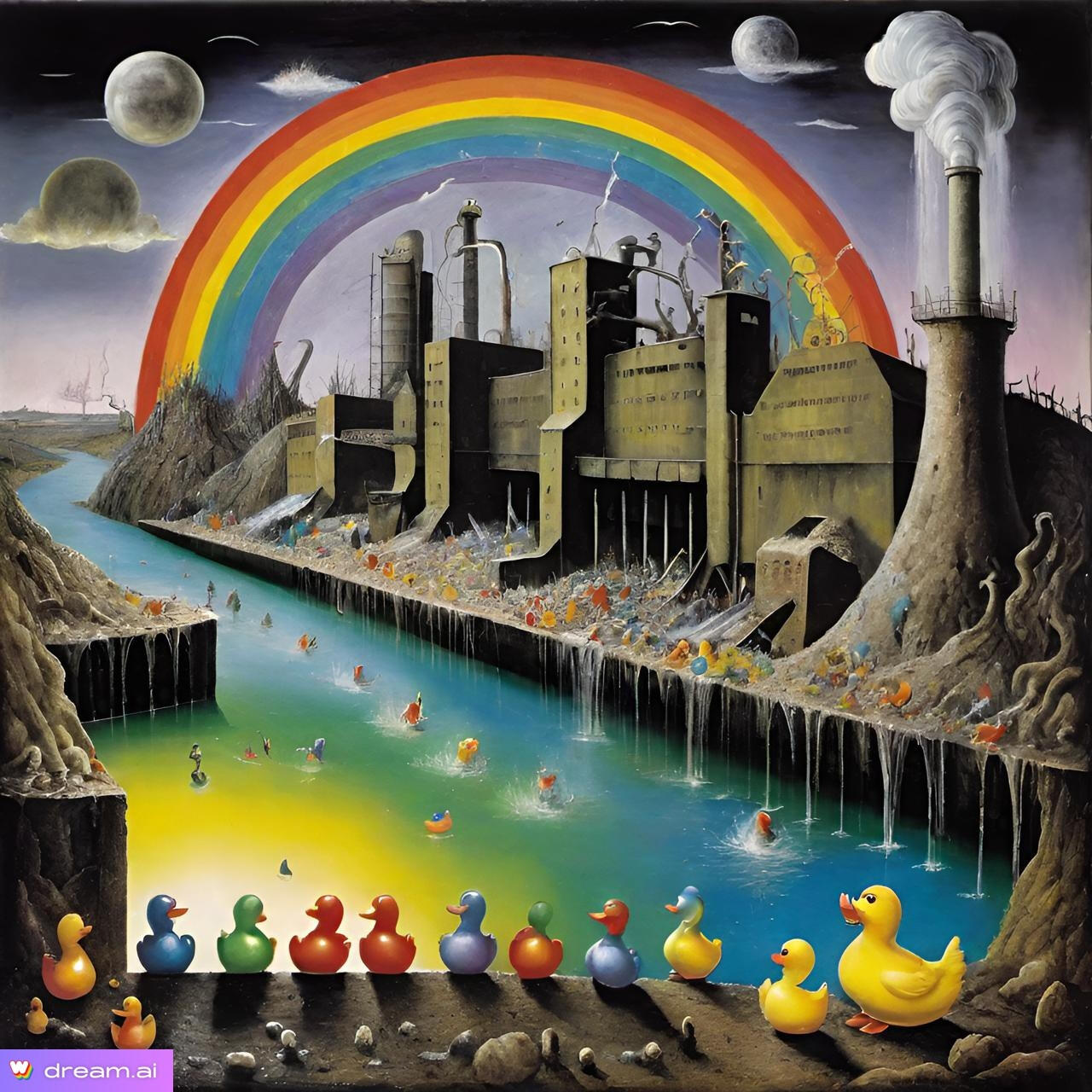 Surreal art of factories and rainbows symbolizing the process of mapping, tracking, and decoding the inner critic’s solopreneur psyche. The artwork illustrates Journey 1 of the Inner Critic Hack Lab.