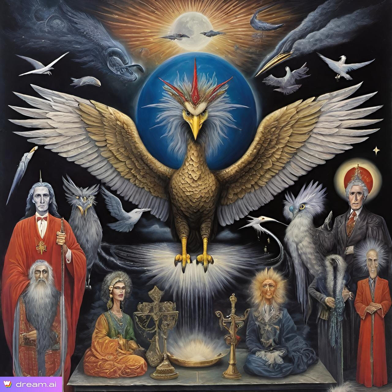 A surreal symbolic painting depicting a luminous sacred chamber where light and shadow converge. Figures representing the Creator and Champion hold their ground as the distant Critic approaches. The artwork illustrates Journey 4 of the Inner Critic Hack La