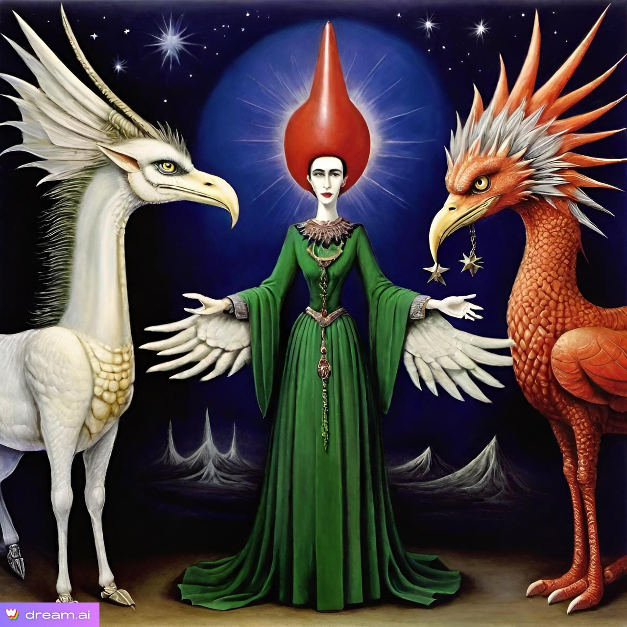 A surreal symbolic image depicting radiant inner arena where encouragement + doubt meet in balance. Figures representing Inner Cheerleader + their winged allies witness inner self transformation of anger, blame, pain, shame, and guilt into solopreneur gold